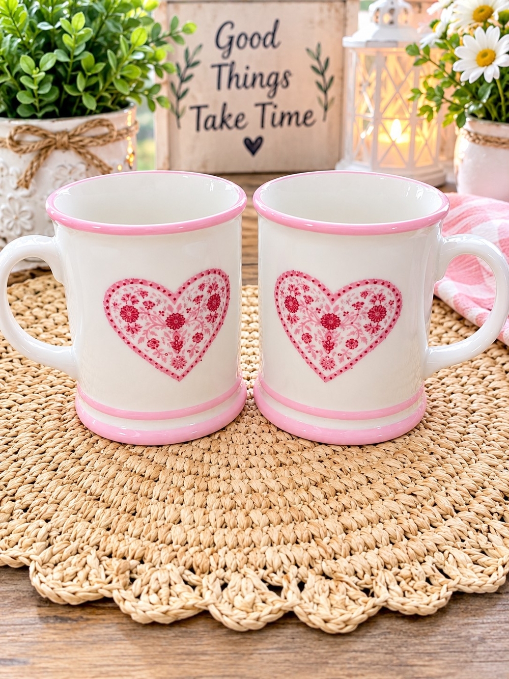 Pottery Barn Pink Trim Heart Ceramic Mug Pair